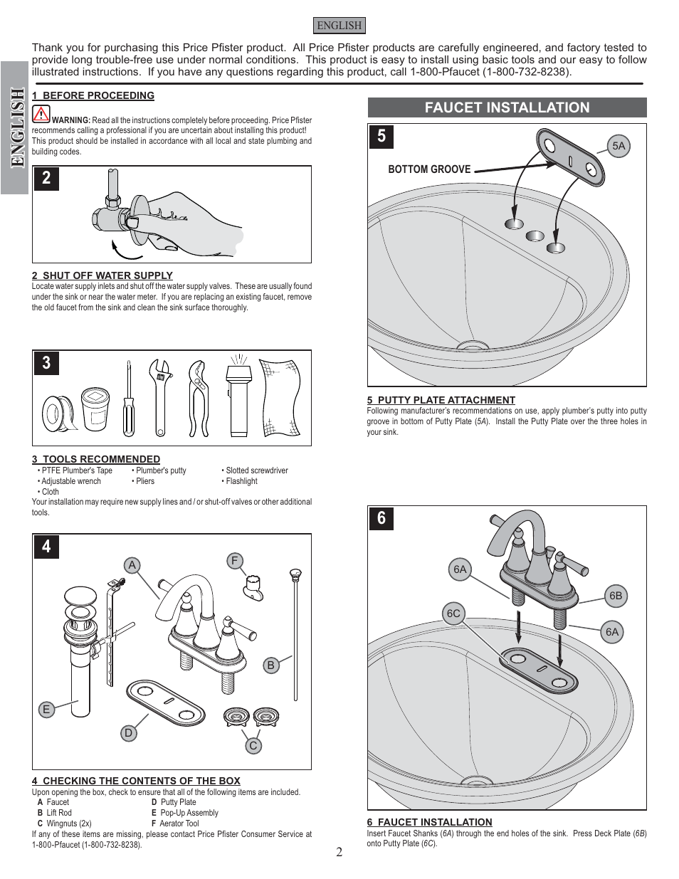 English, Faucet installation | Pfister GT48-GL0K User Manual | Page 2 / 12