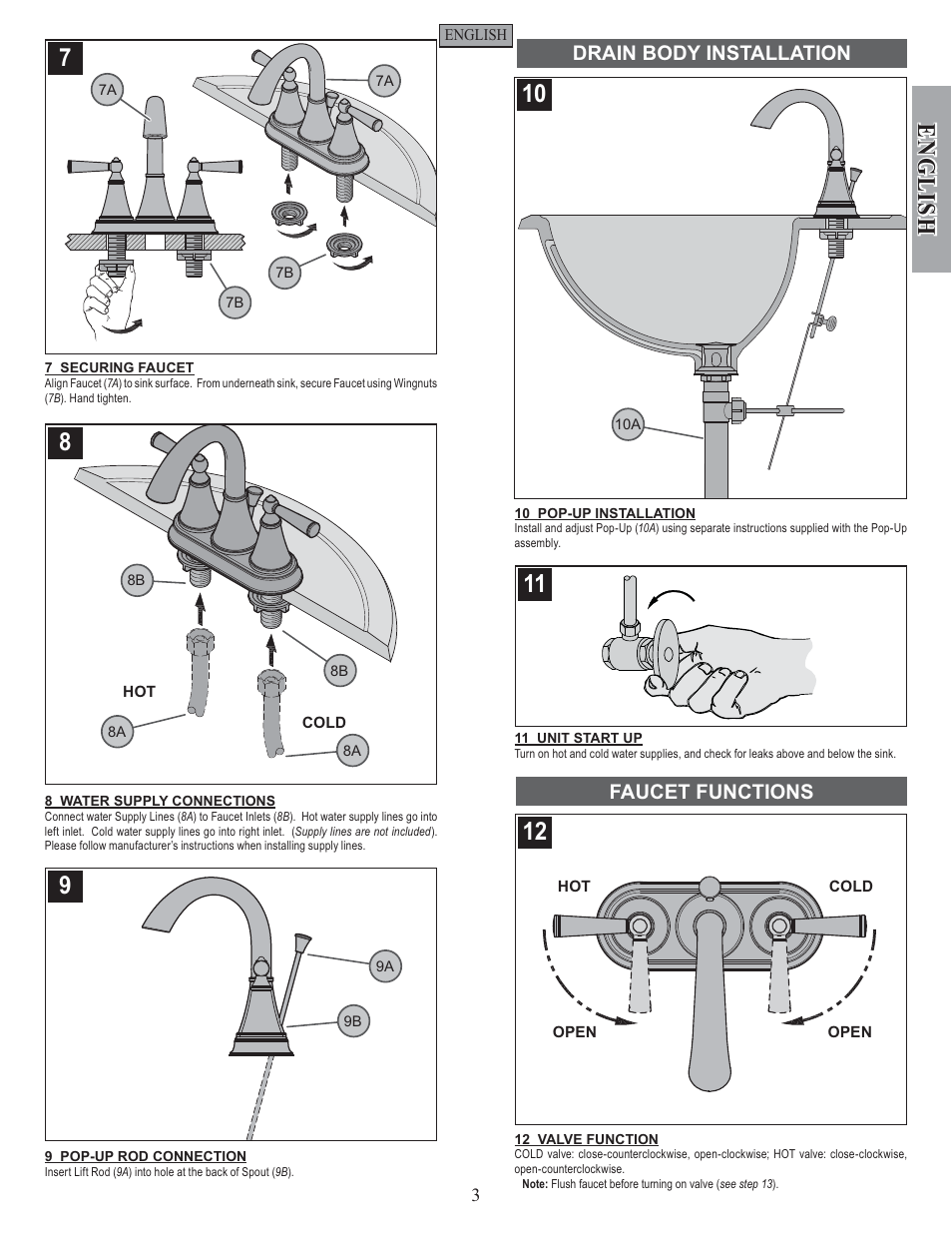 English, Drain body installation, Faucet functions | Pfister GT48-GL0K User Manual | Page 3 / 12