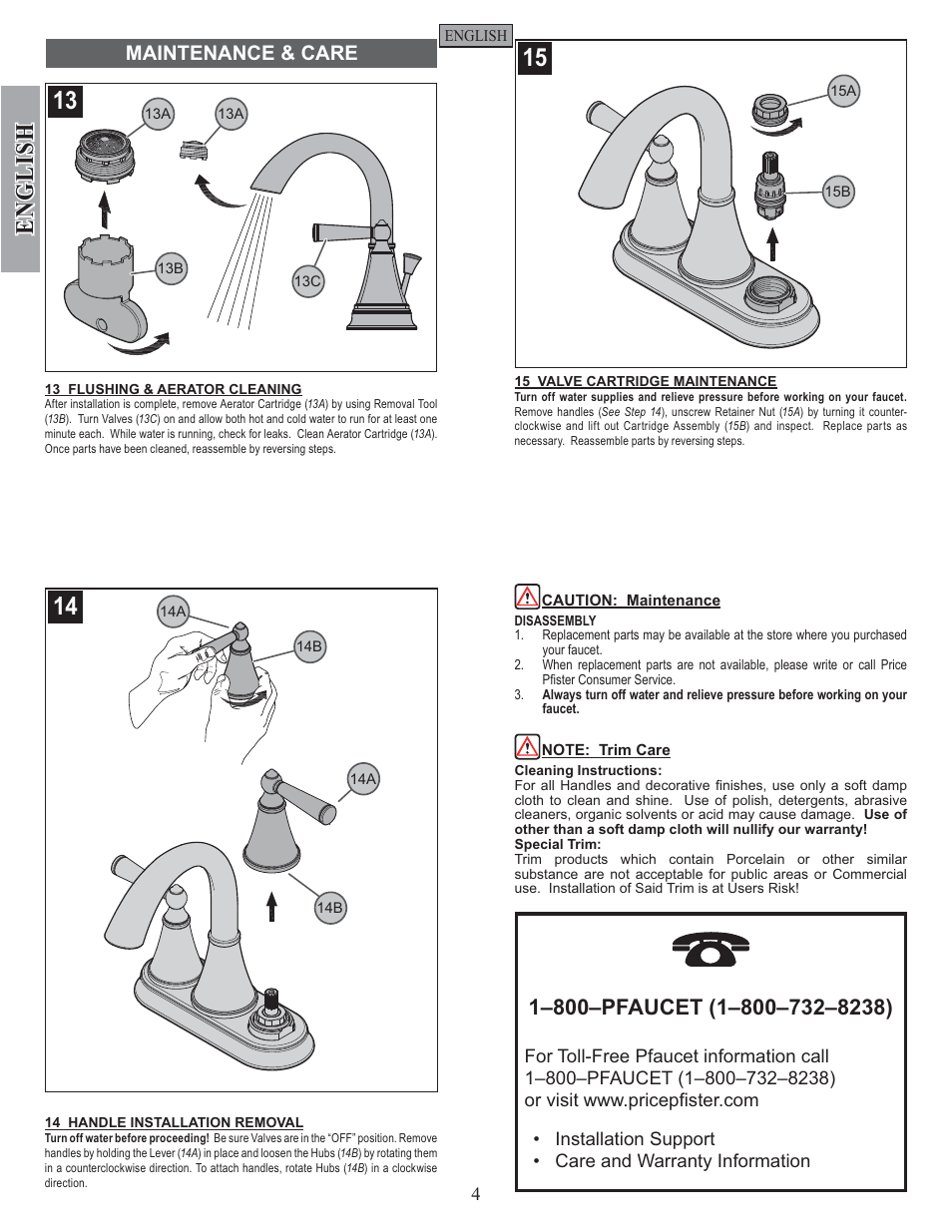 English, Maintenance & care | Pfister GT48-GL0K User Manual | Page 4 / 12
