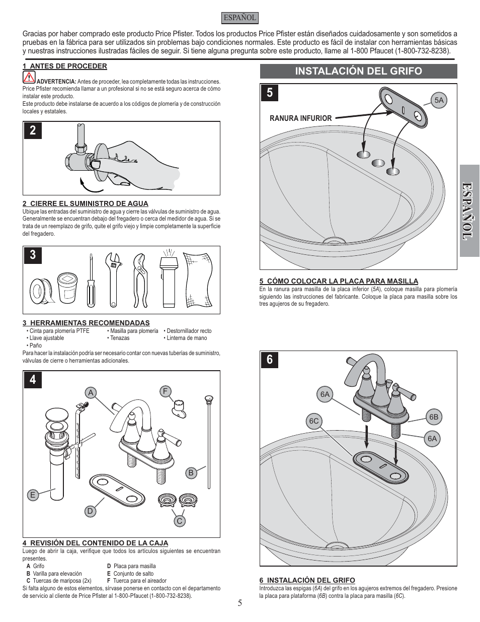 Esp a ñ ol, Instalación del grifo | Pfister GT48-GL0K User Manual | Page 5 / 12