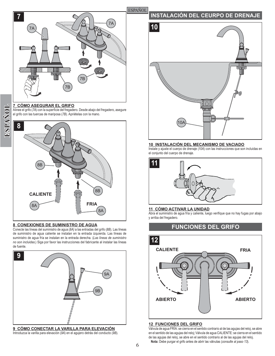 Esp a ñ ol, Funciones del grifo | Pfister GT48-GL0K User Manual | Page 6 / 12