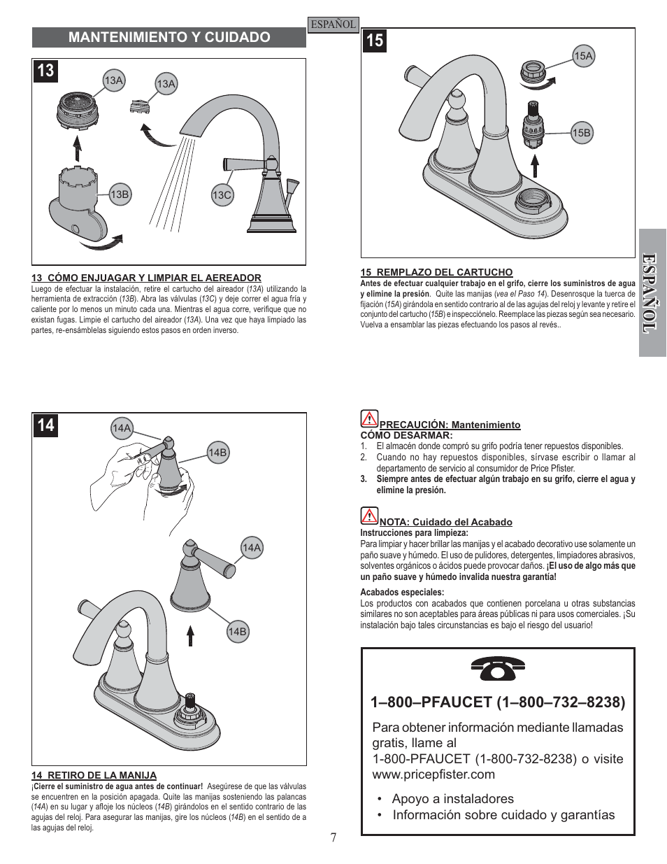 Esp a ñ ol, Mantenimiento y cuidado | Pfister GT48-GL0K User Manual | Page 7 / 12