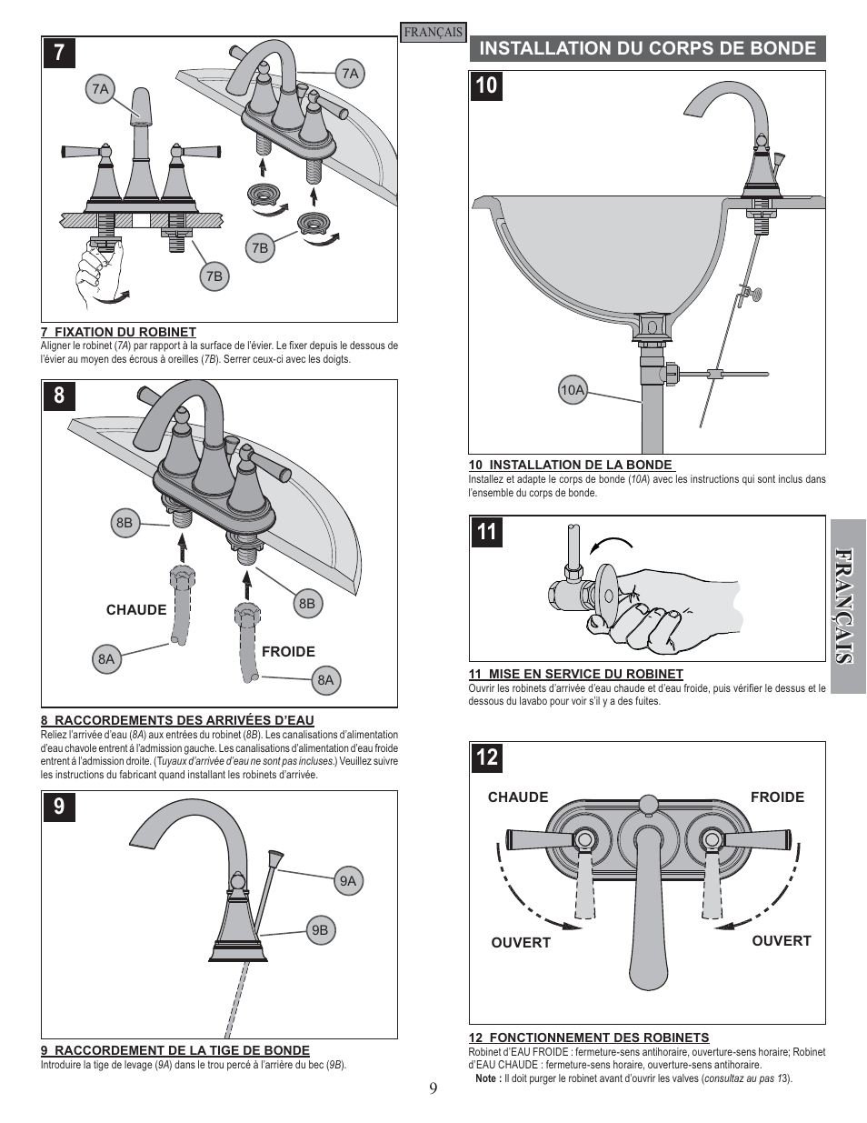 Fran ç ais, Installation du corps de bonde | Pfister GT48-GL0K User Manual | Page 9 / 12