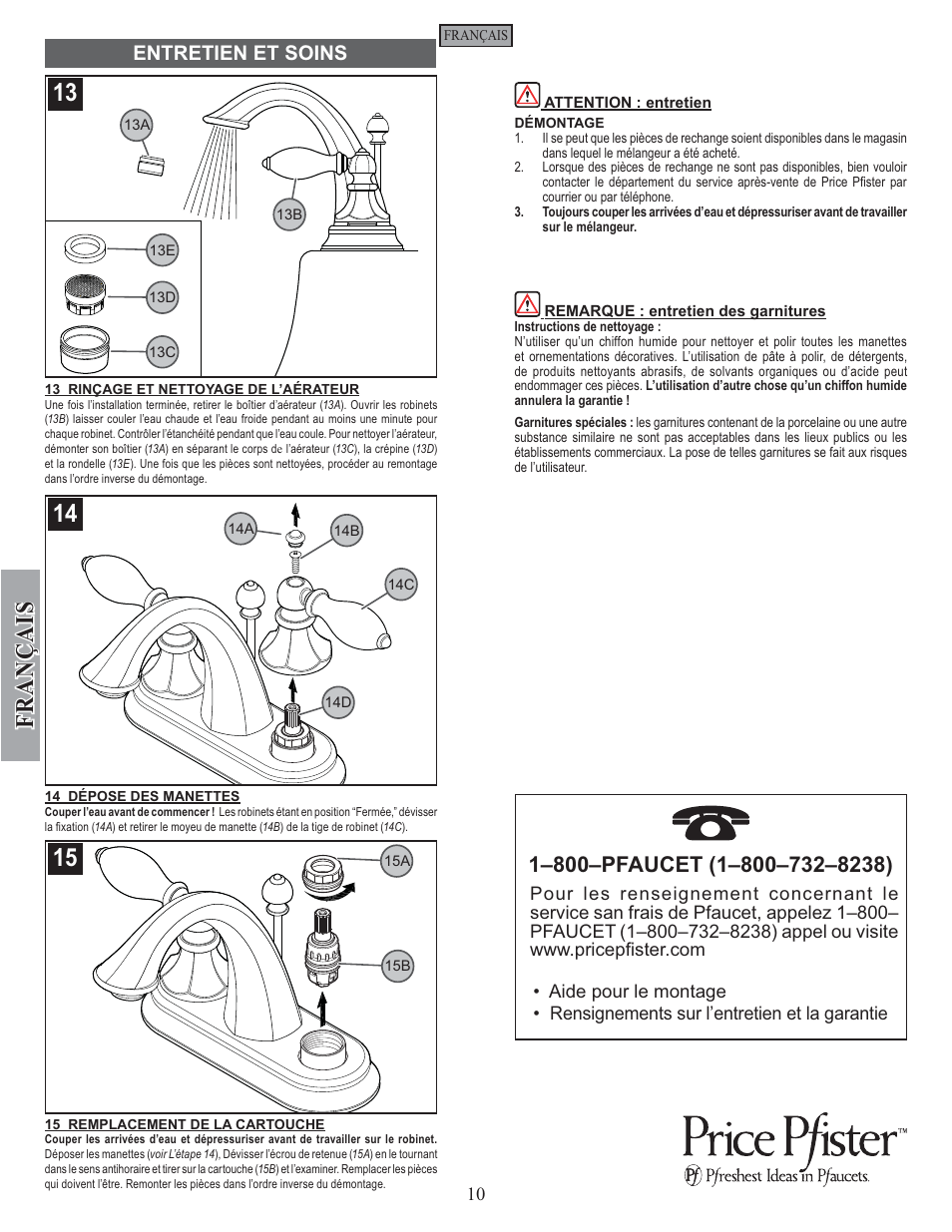 Fran ç ais, Entretien et soins | Pfister F-048-EPBK User Manual | Page 10 / 12