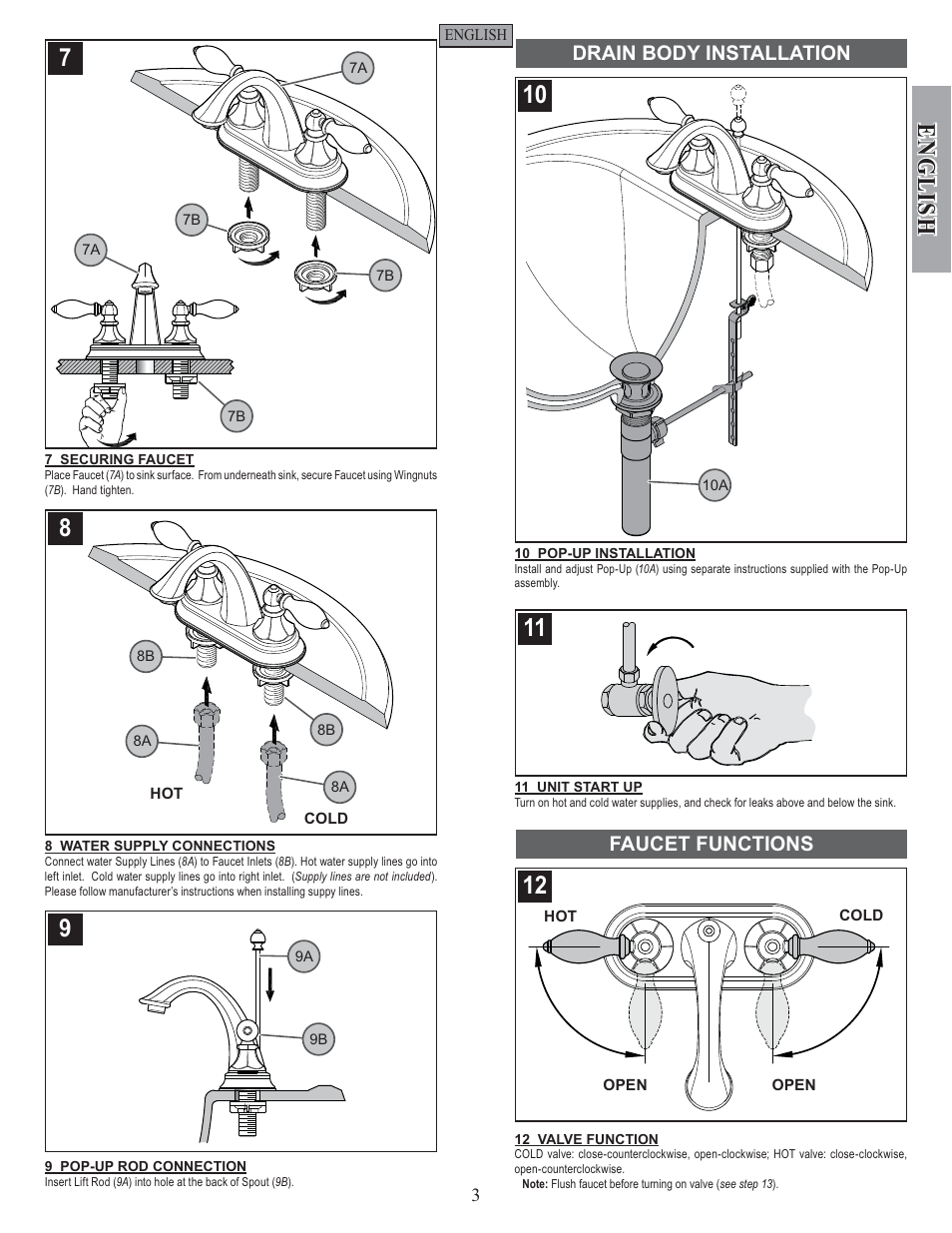 English, Drain body installation faucet functions | Pfister F-048-EPBK User Manual | Page 3 / 12