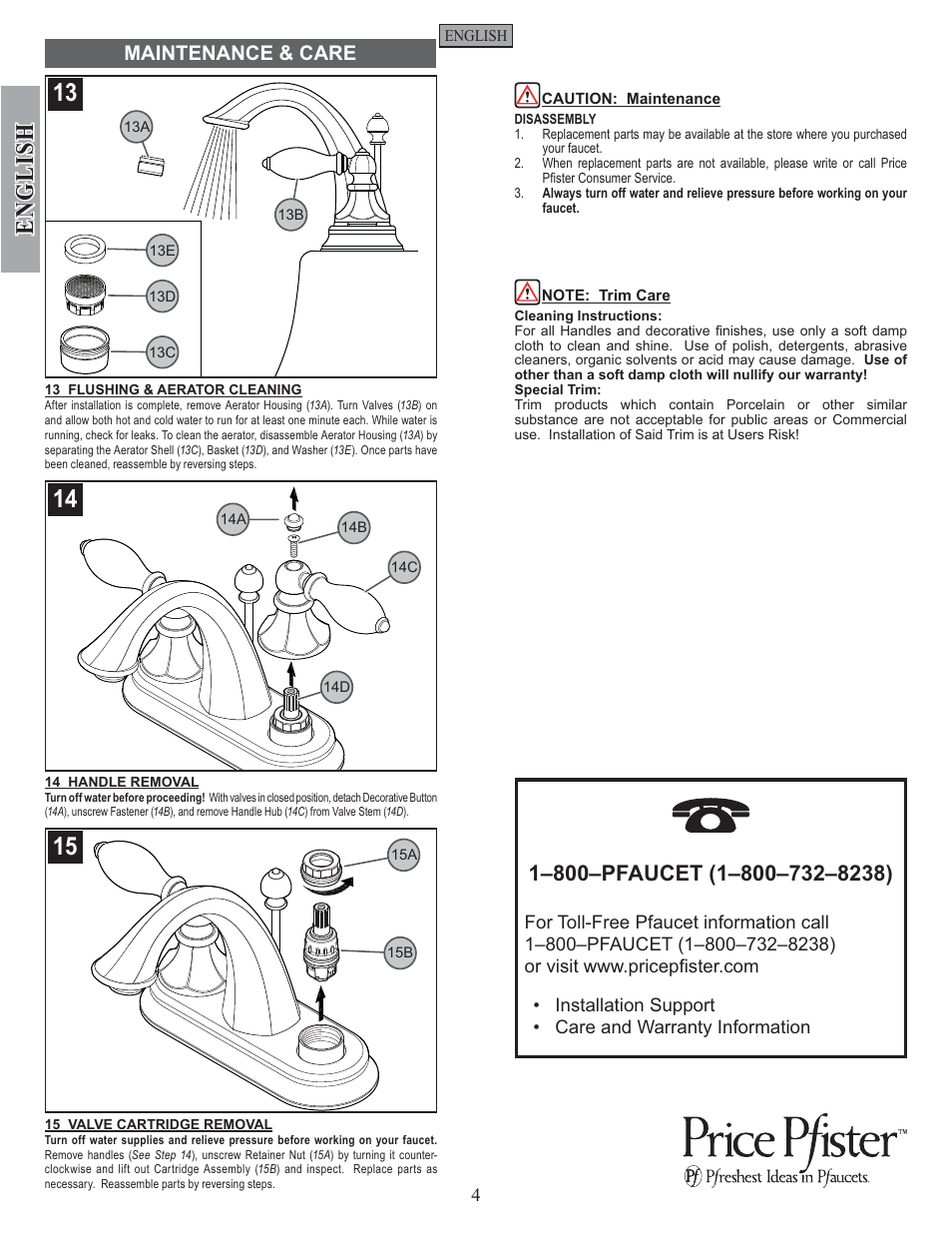English, Maintenance & care | Pfister F-048-EPBK User Manual | Page 4 / 12