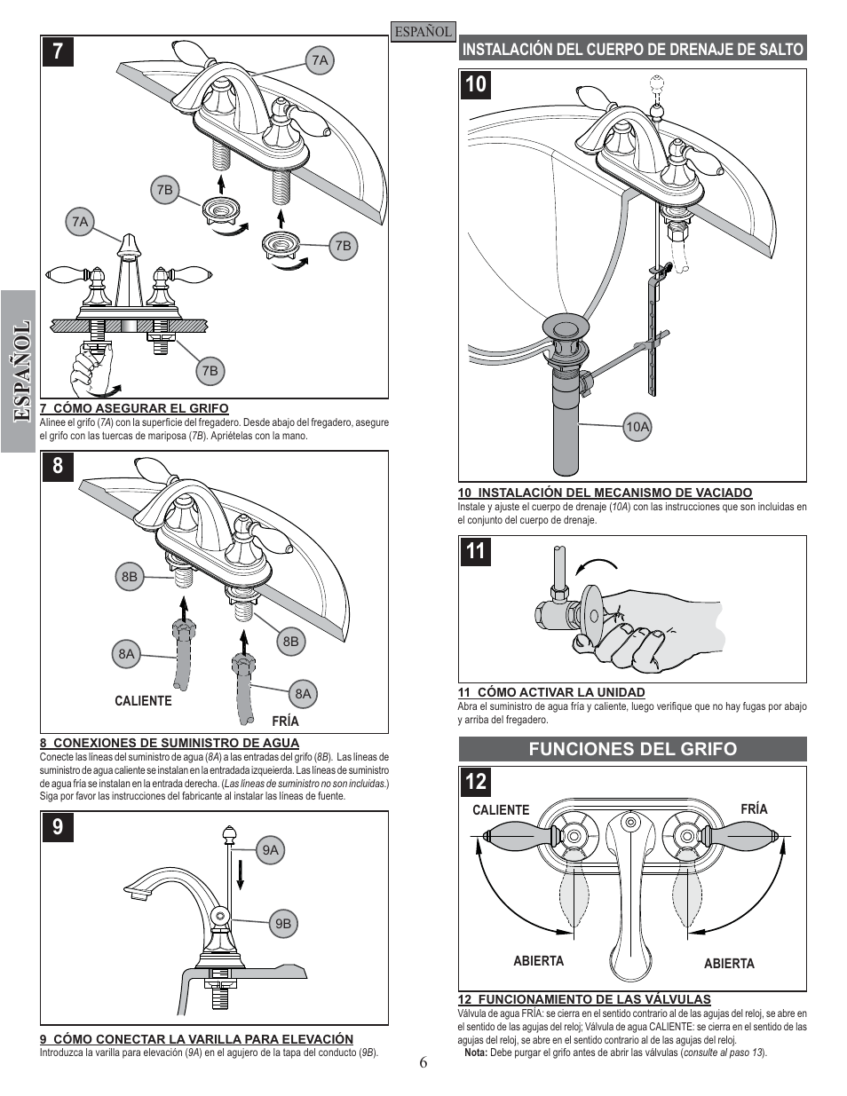 Esp a ñ ol, Funciones del grifo | Pfister F-048-EPBK User Manual | Page 6 / 12