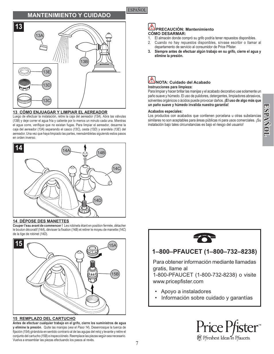 Esp a ñ ol, Mantenimiento y cuidado | Pfister F-048-EPBK User Manual | Page 7 / 12