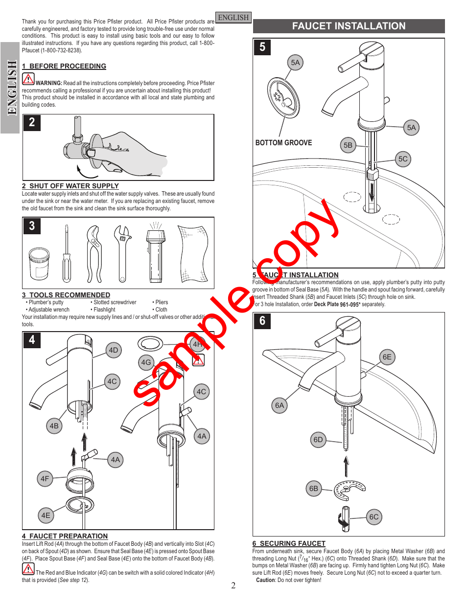 Sample copy, En g li sh, Faucet installation | Factory Direct Hardware Pfister GT42-N00 User Manual | Page 2 / 12