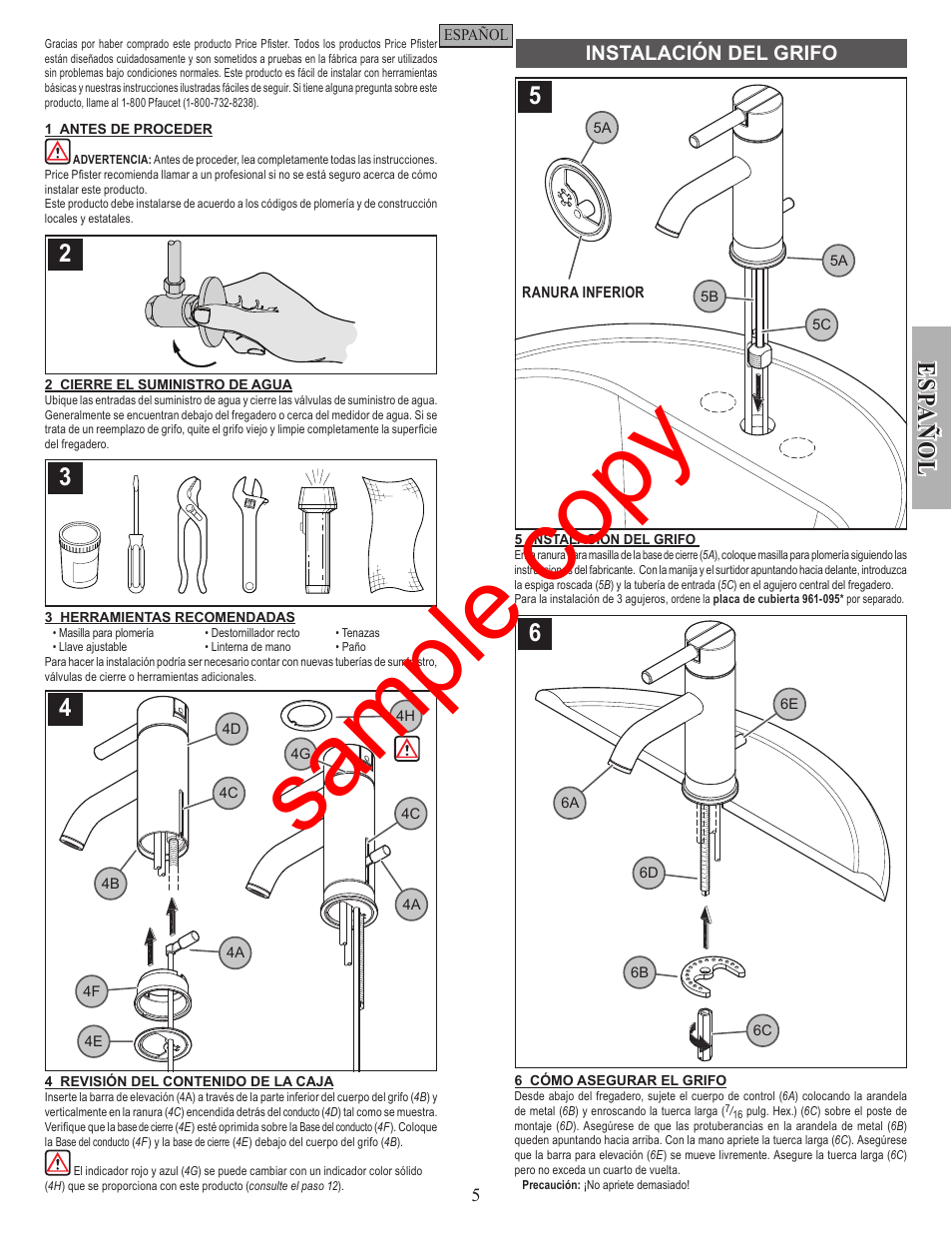 Sample copy, Es pa ñ o l, Instalación del grifo | Factory Direct Hardware Pfister GT42-N00 User Manual | Page 5 / 12