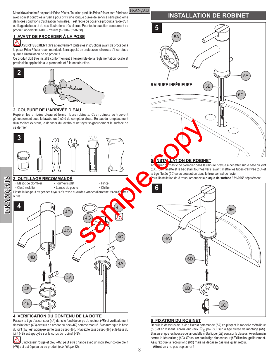 Sample copy, Installation de robinet | Factory Direct Hardware Pfister GT42-N00 User Manual | Page 8 / 12