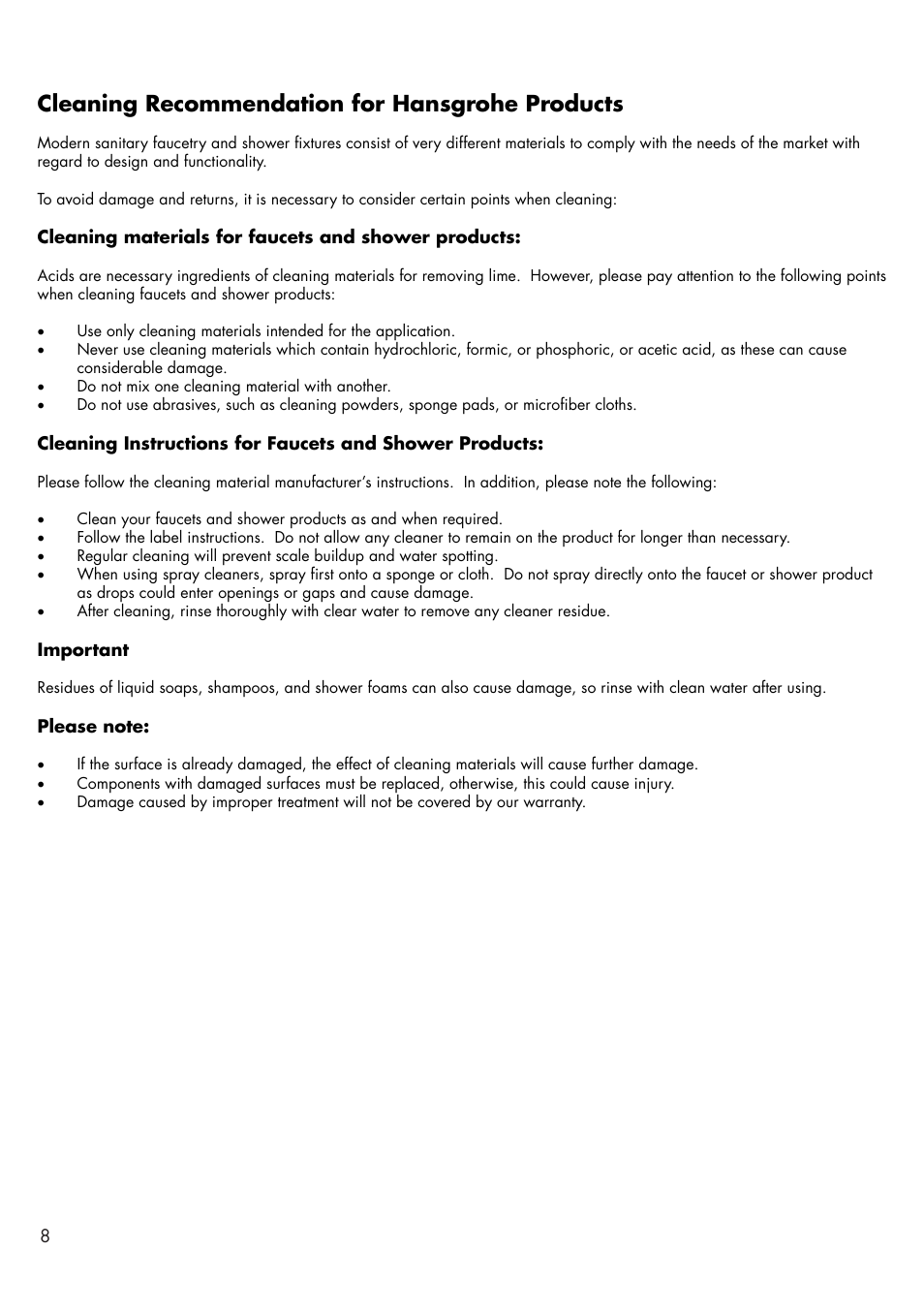 Cleaning recommendation for hansgrohe products | Factory Direct Hardware Hansgrohe 18115001 User Manual | Page 8 / 12