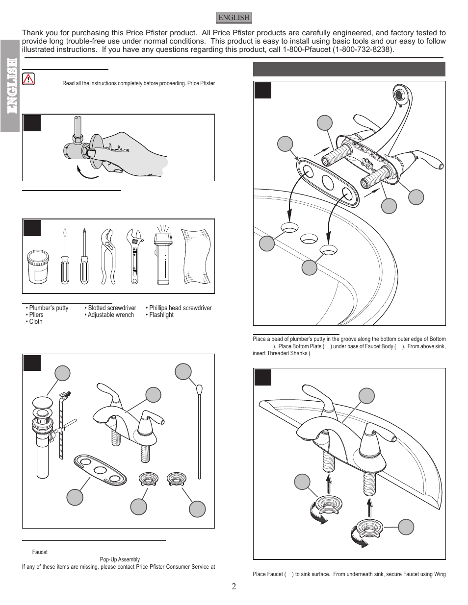 En g l is h, Faucet installation | Pfister GT48-SR0K User Manual | Page 2 / 12