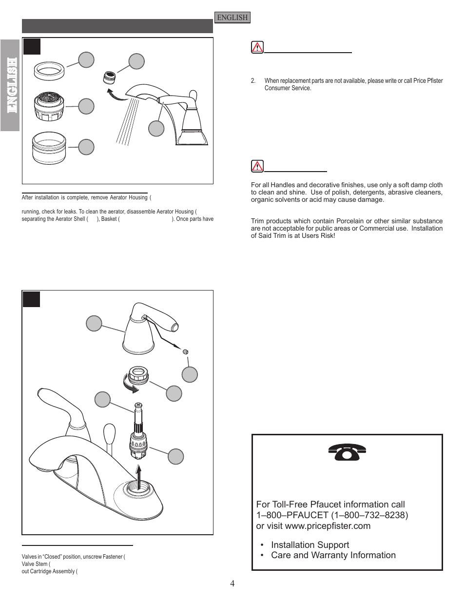 En g l is h, Maintenance & care | Pfister GT48-SR0K User Manual | Page 4 / 12
