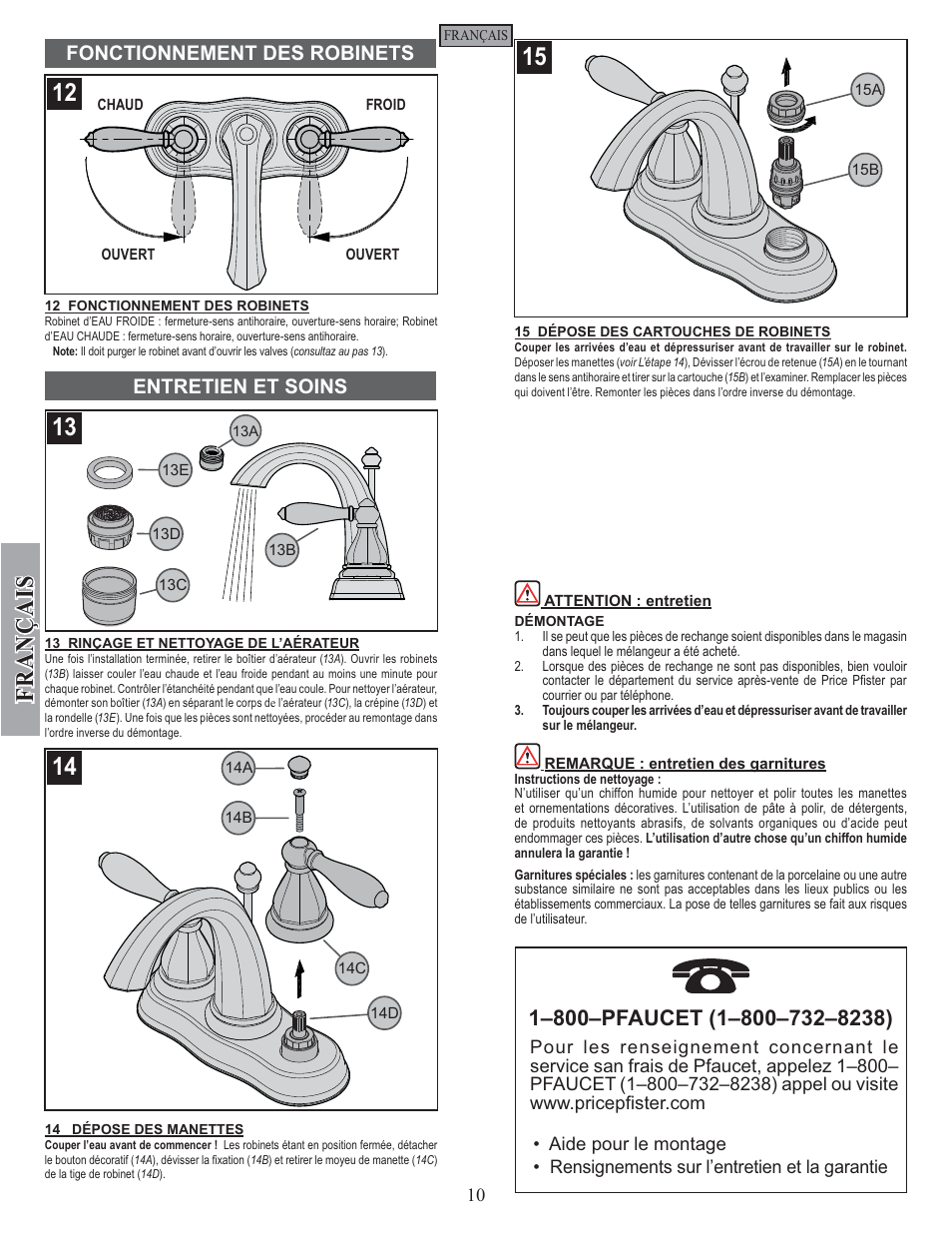 Fran ç ais, Entretien et soins fonctionnement des robinets | Pfister GT48-RP0K User Manual | Page 10 / 12