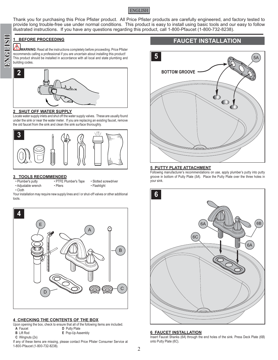 English, Faucet installation | Pfister GT48-RP0K User Manual | Page 2 / 12