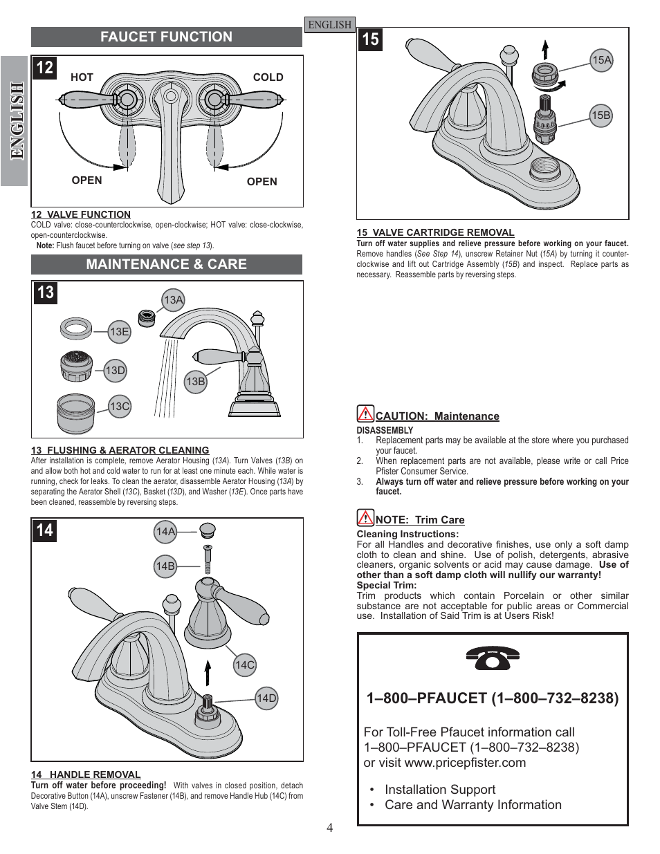 English, Maintenance & care faucet function | Pfister GT48-RP0K User Manual | Page 4 / 12