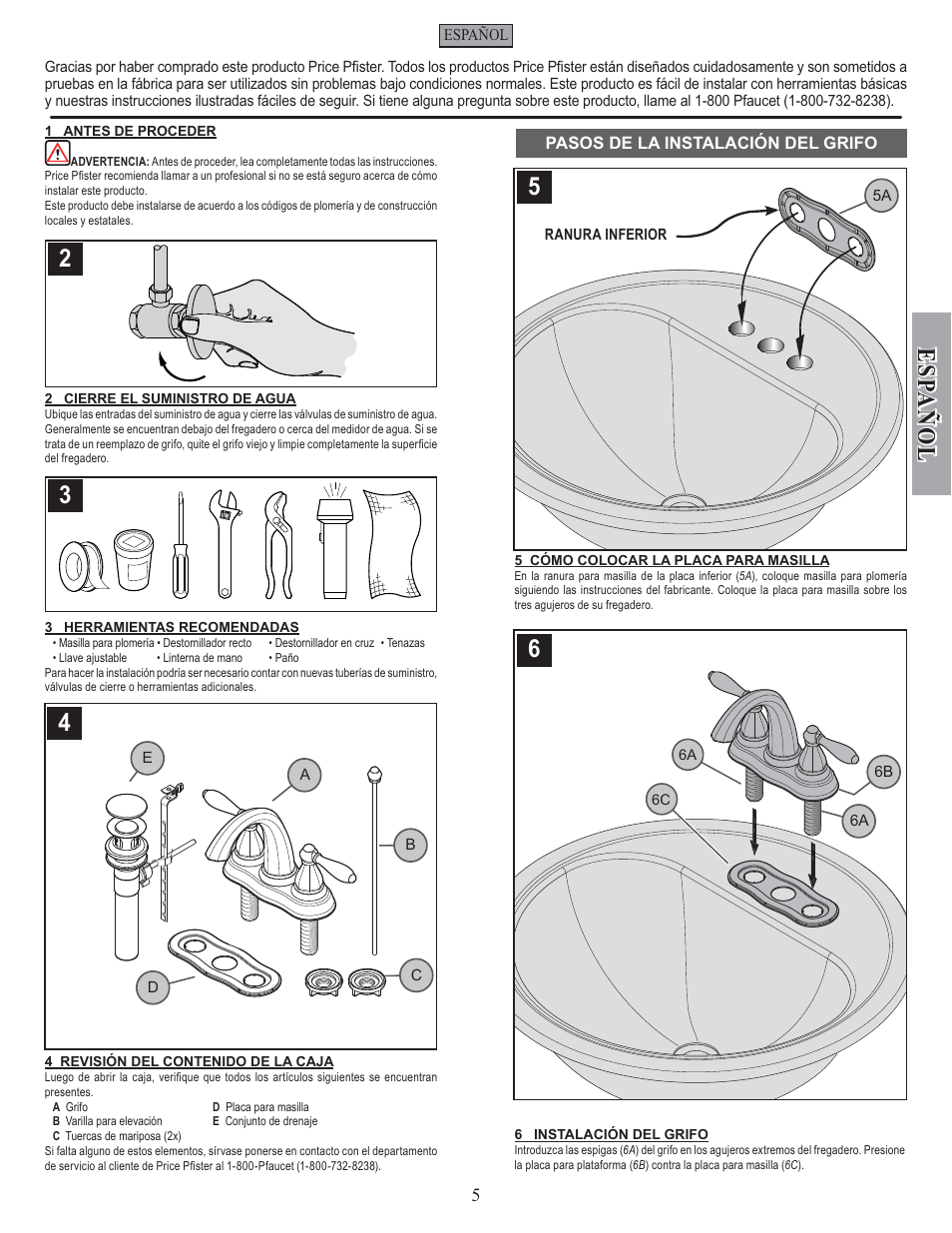 Esp a ñ ol | Pfister GT48-RP0K User Manual | Page 5 / 12