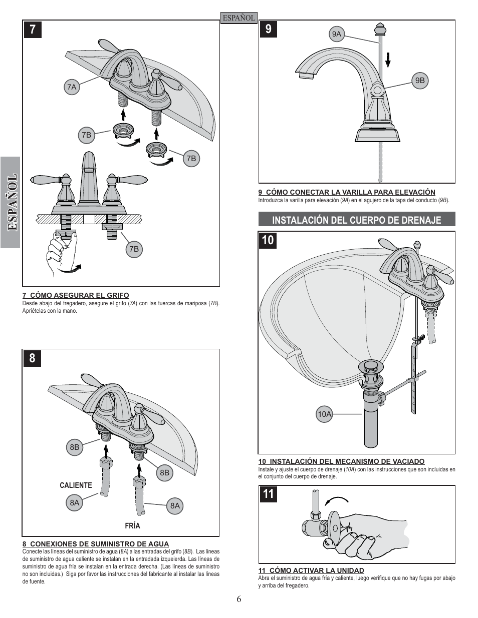 Esp a ñ ol, Instalación del cuerpo de drenaje | Pfister GT48-RP0K User Manual | Page 6 / 12