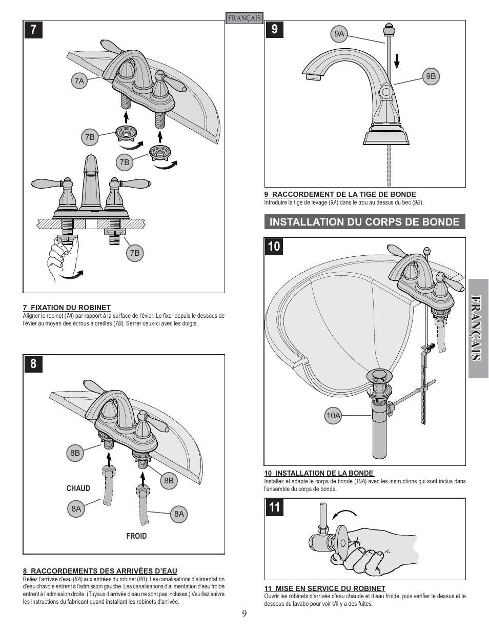 Fran ç ais, Installation du corps de bonde | Pfister GT48-RP0K User Manual | Page 9 / 12