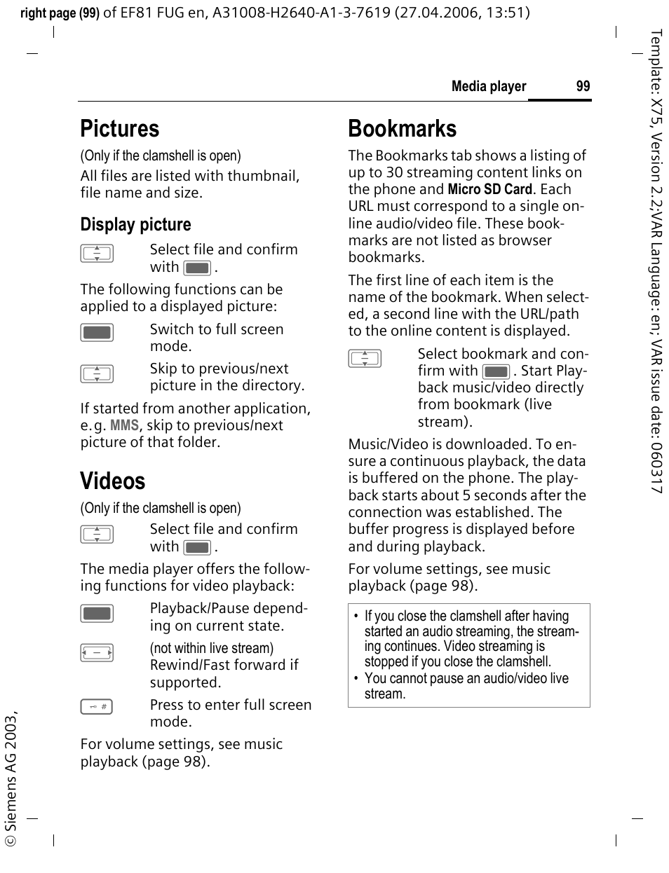 Pictures, Videos, Bookmarks | BenQ-Siemens M81 User Manual | Page 100 / 155