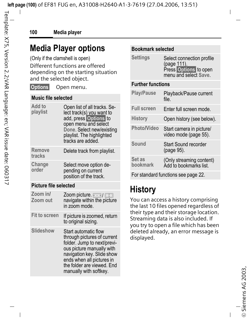 Media player options, History | BenQ-Siemens M81 User Manual | Page 101 / 155