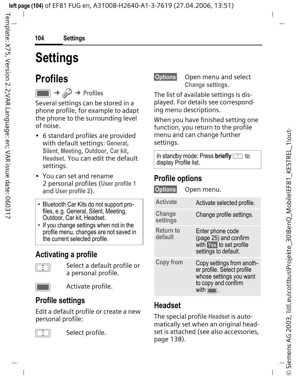 Settings, Profiles, Activating a profile | Profile settings, Profile options, Headset | BenQ-Siemens M81 User Manual | Page 105 / 155