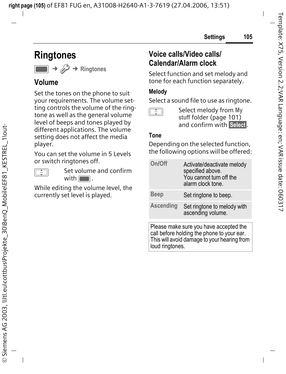 Ringtones, Volume, Voice calls/video calls/ calendar/alarm clock | BenQ-Siemens M81 User Manual | Page 106 / 155