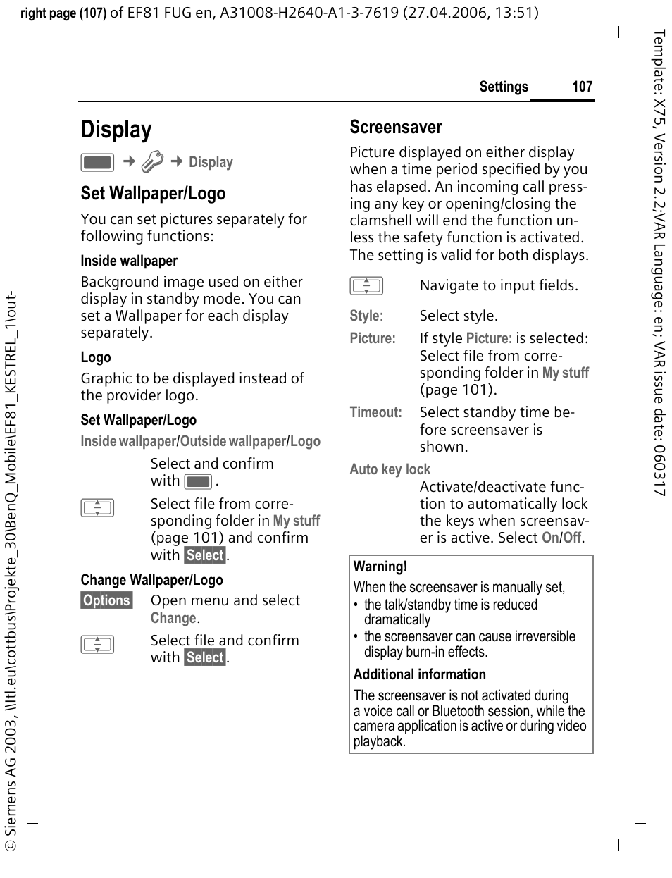 Display, Set wallpaper/logo, Screensaver | BenQ-Siemens M81 User Manual | Page 108 / 155