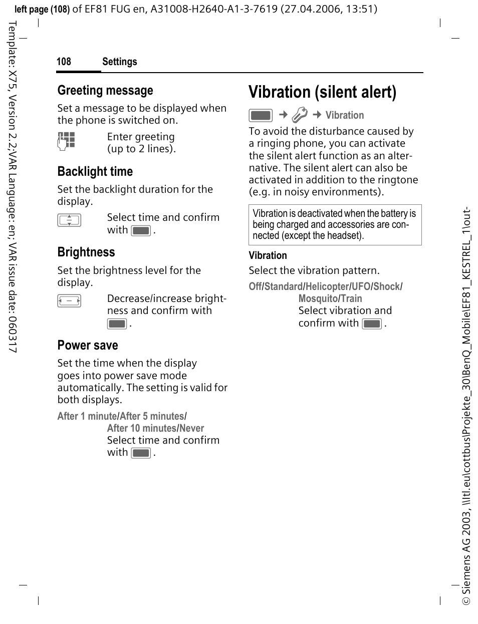 Vibration (silent alert), Greeting message, Backlight time | Brightness, Power save | BenQ-Siemens M81 User Manual | Page 109 / 155