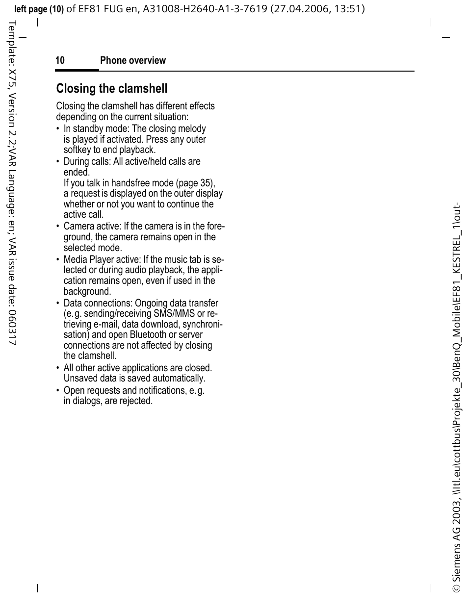 Closing the clamshell | BenQ-Siemens M81 User Manual | Page 11 / 155