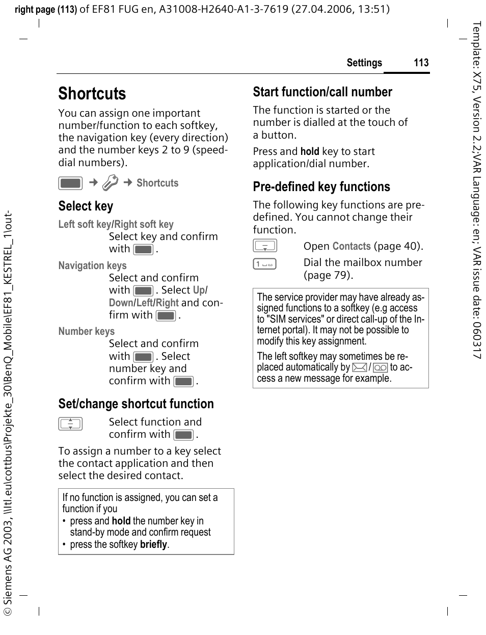 Shortcuts, Select key, Set/change shortcut function | Start function/call number, Pre-defined key functions | BenQ-Siemens M81 User Manual | Page 114 / 155