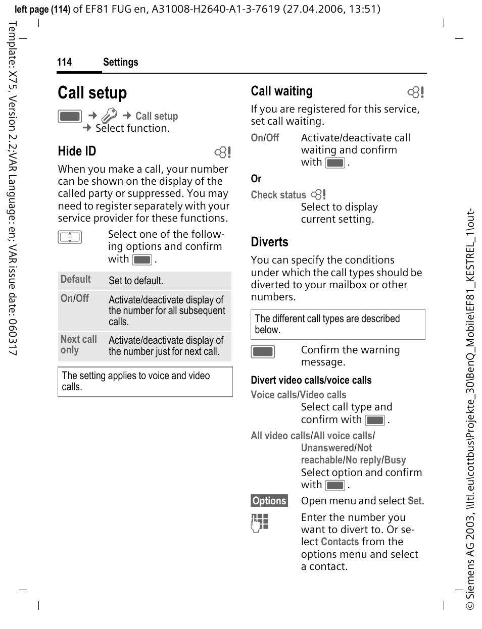 Call setup, Hide id b, Call waiting b | Diverts | BenQ-Siemens M81 User Manual | Page 115 / 155