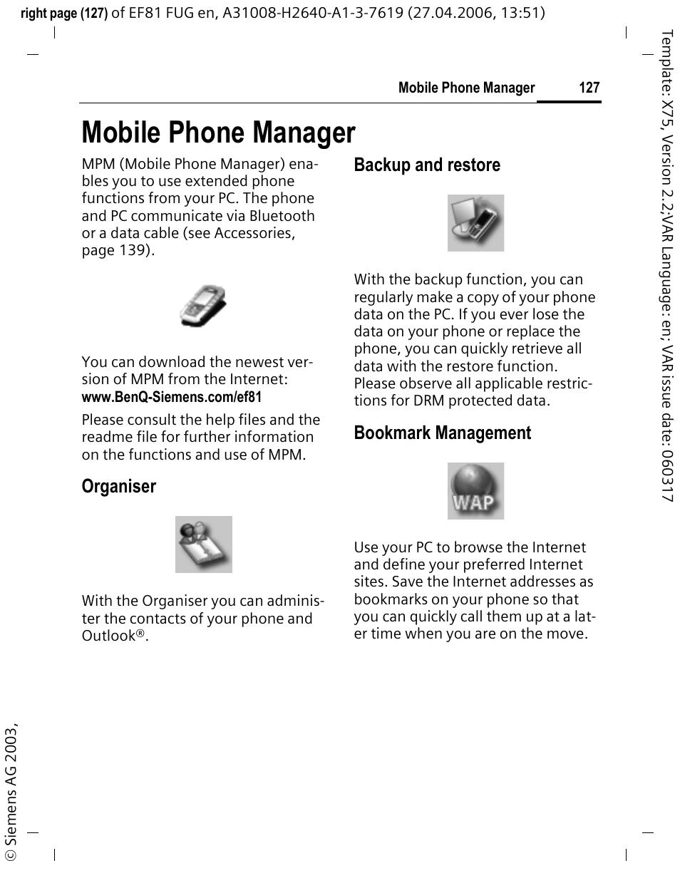 Mobile phone manager, Organiser, Backup and restore | Bookmark management | BenQ-Siemens M81 User Manual | Page 128 / 155