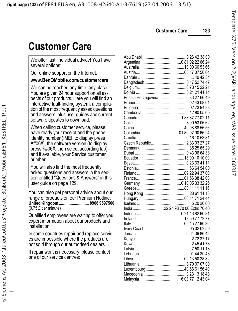 Customer care | BenQ-Siemens M81 User Manual | Page 134 / 155