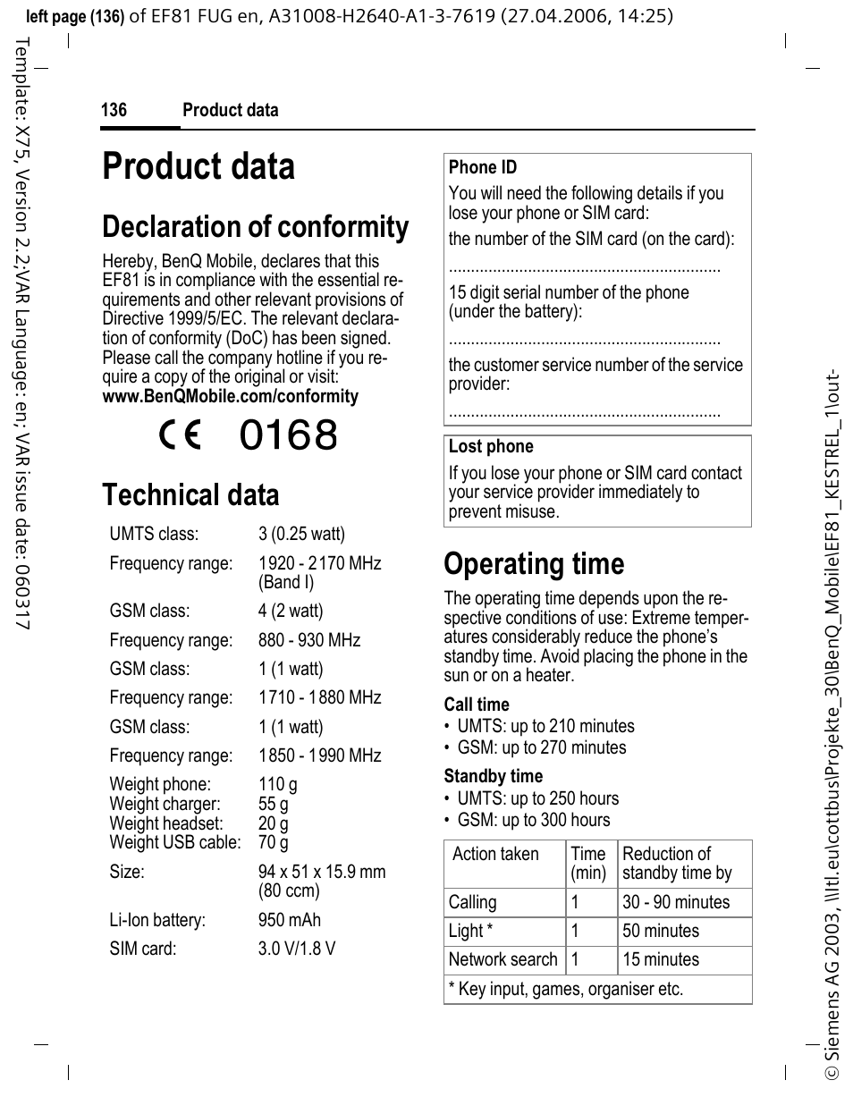 Product data, Declaration of conformity, Technical data operating time | BenQ-Siemens M81 User Manual | Page 137 / 155