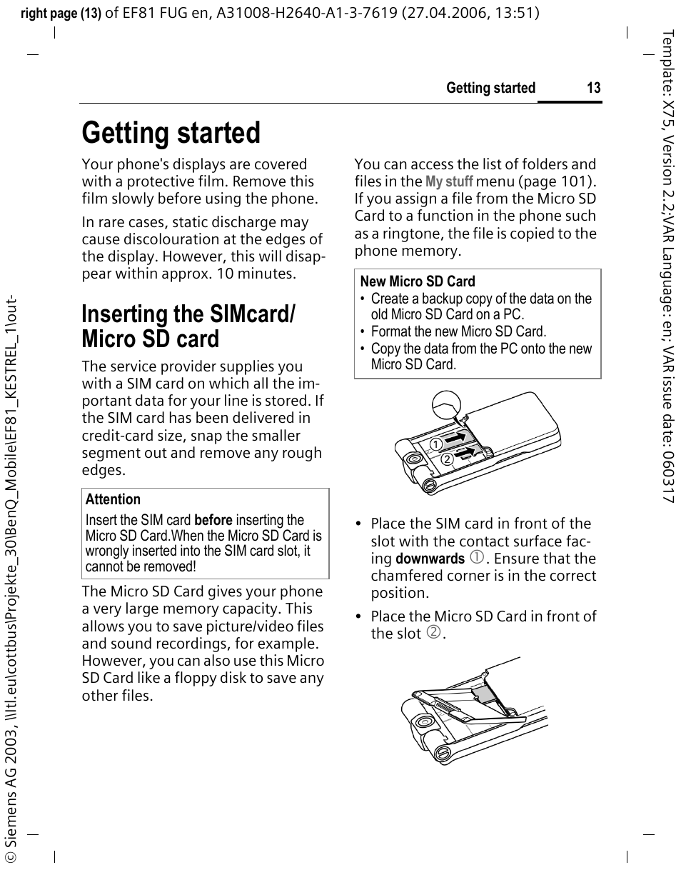 Getting started, Inserting the simcard/ micro sd card | BenQ-Siemens M81 User Manual | Page 14 / 155
