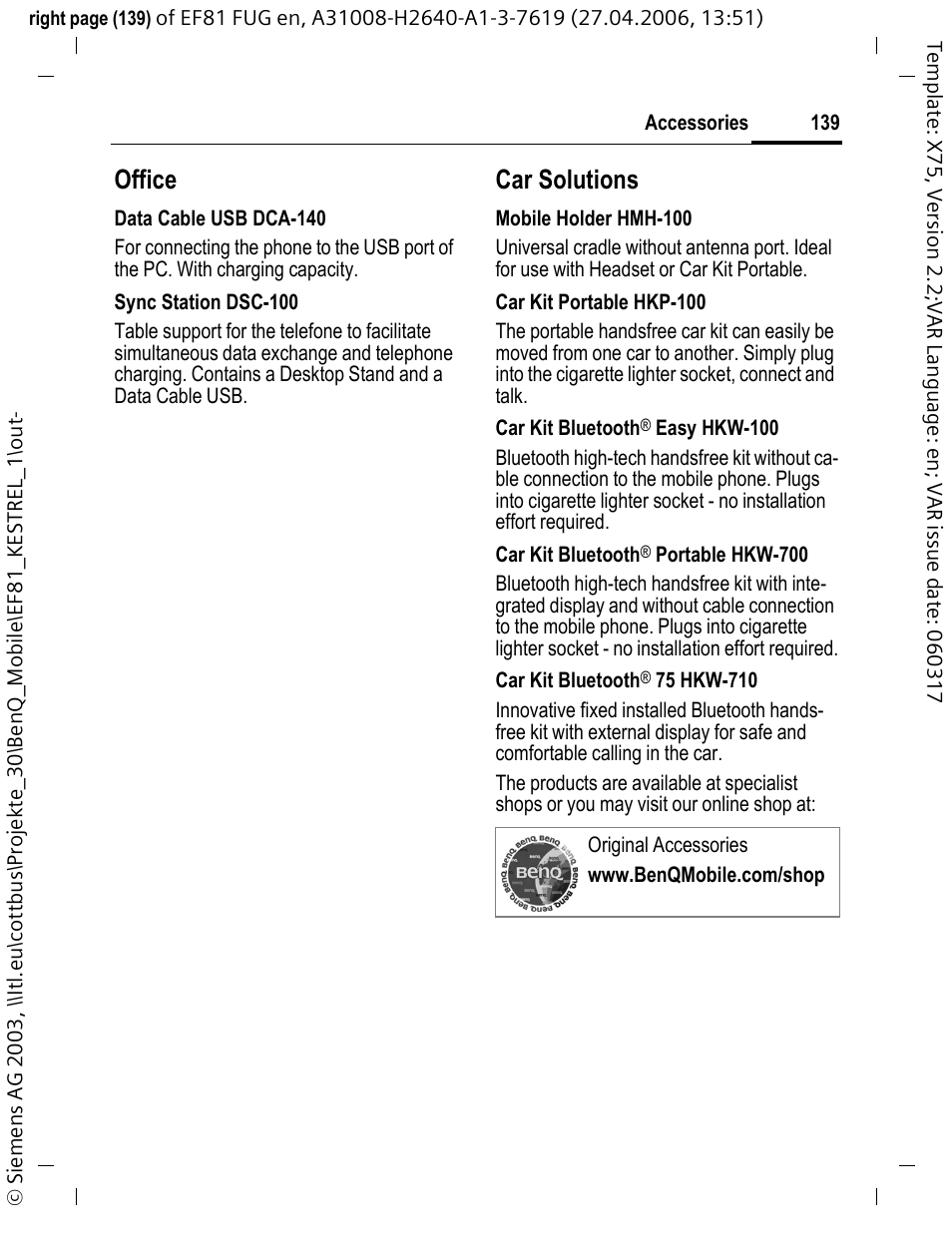 Office, Car solutions | BenQ-Siemens M81 User Manual | Page 140 / 155