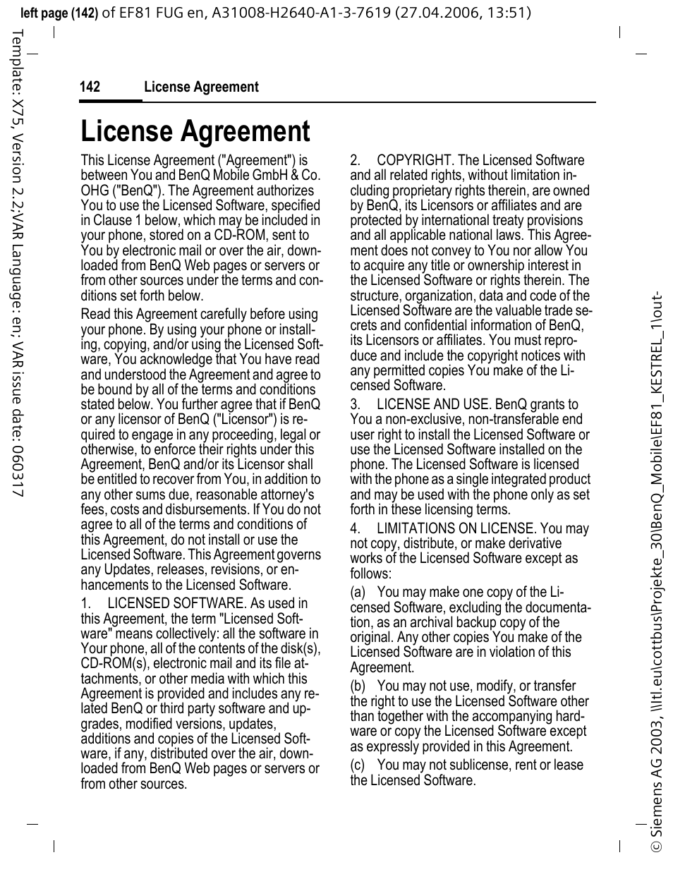 License agreement | BenQ-Siemens M81 User Manual | Page 143 / 155