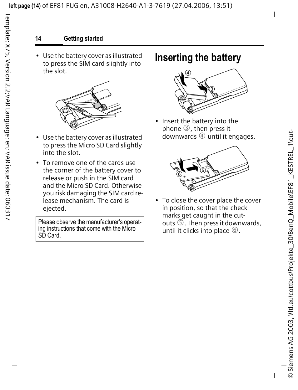 Inserting the battery | BenQ-Siemens M81 User Manual | Page 15 / 155