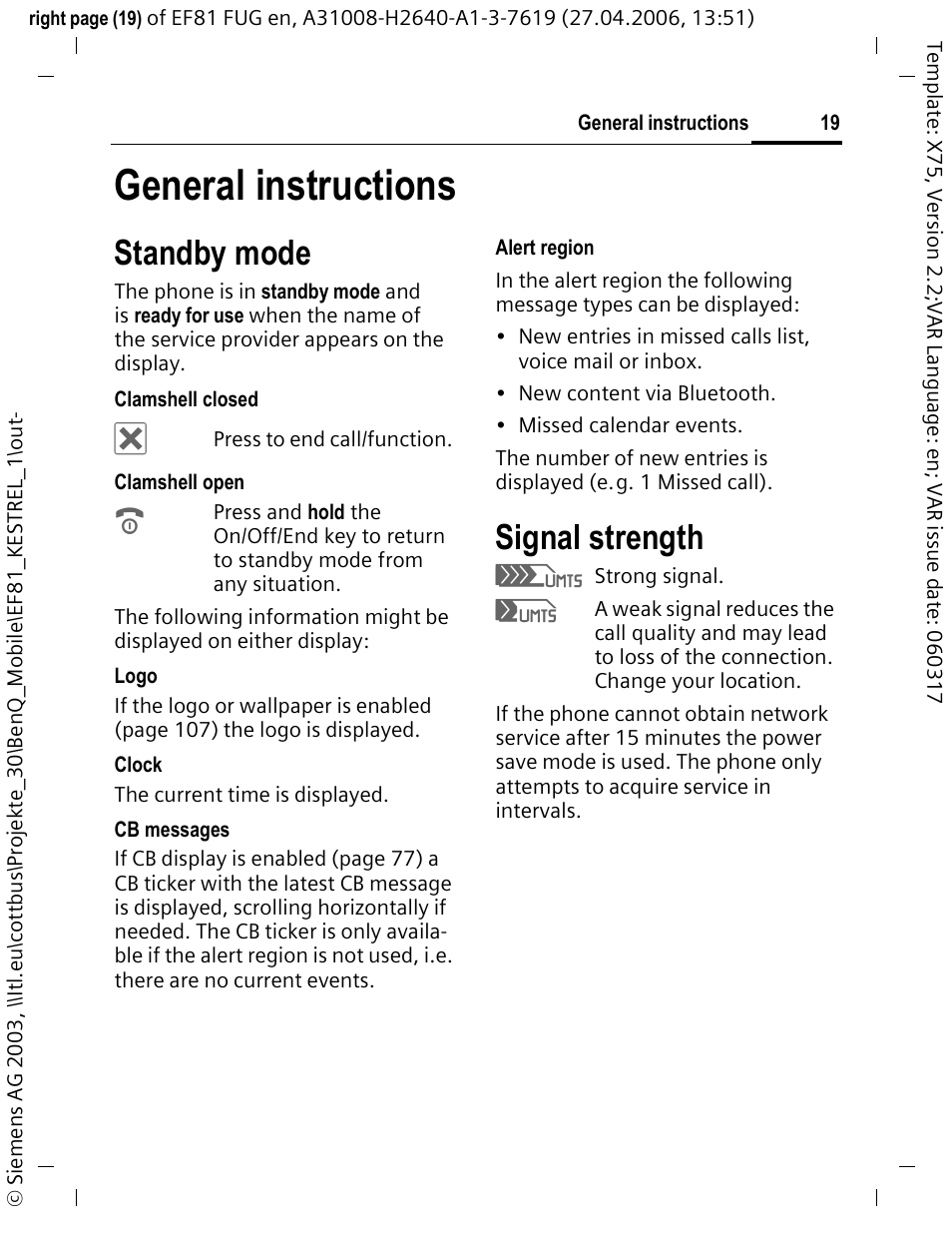 General instructions, Standby mode, Signal strength | BenQ-Siemens M81 User Manual | Page 20 / 155