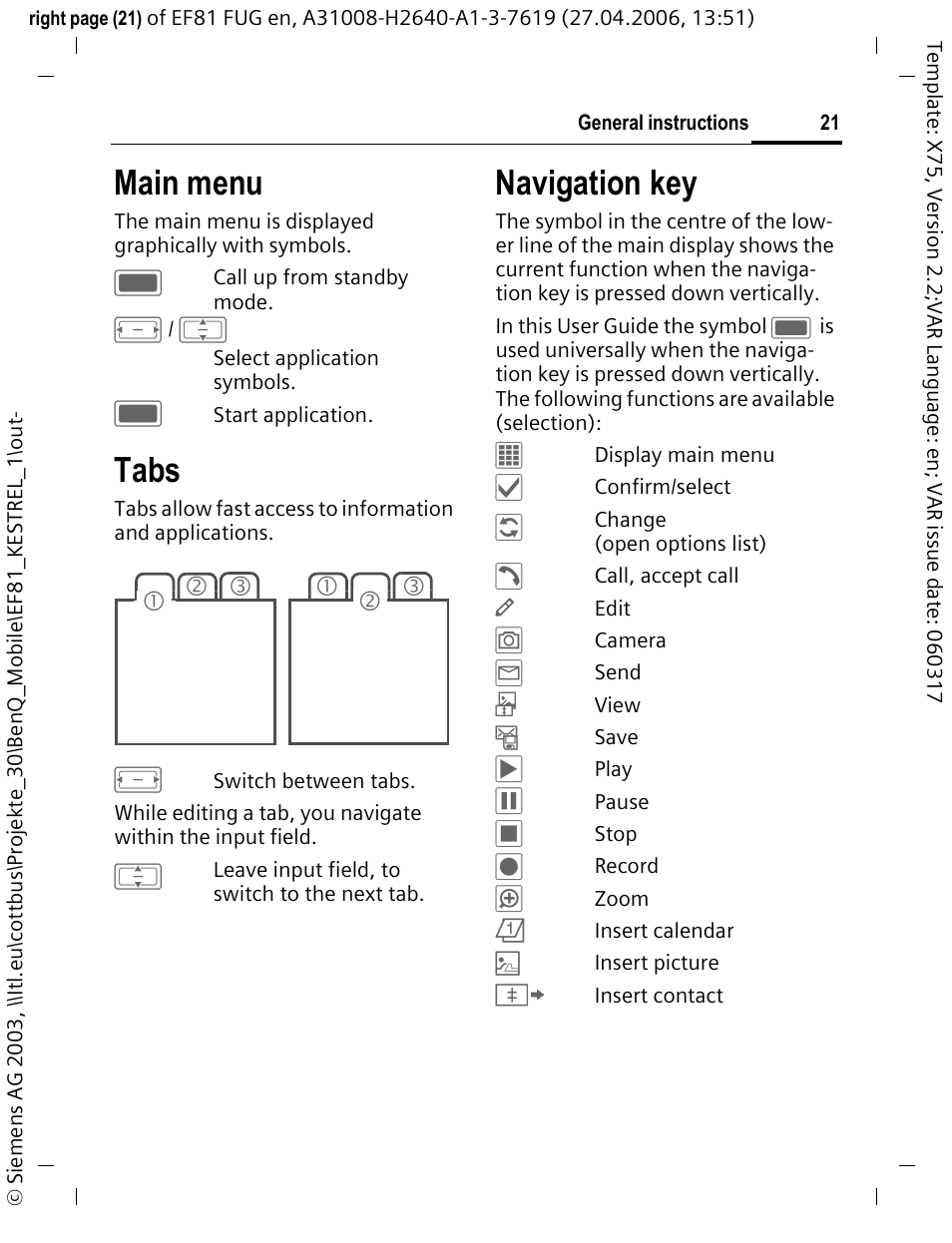 Main menu, Tabs, Navigation key | BenQ-Siemens M81 User Manual | Page 22 / 155