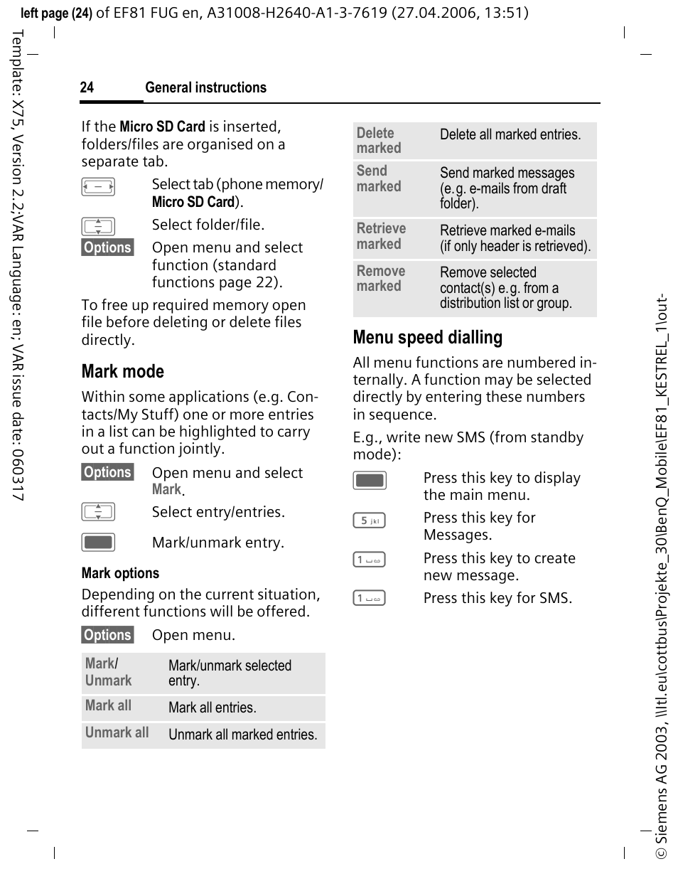 Mark mode, Menu speed dialling | BenQ-Siemens M81 User Manual | Page 25 / 155