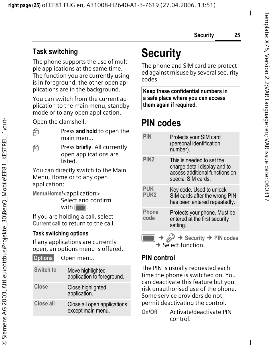 Security, Pin codes, Task switching | Pin control | BenQ-Siemens M81 User Manual | Page 26 / 155