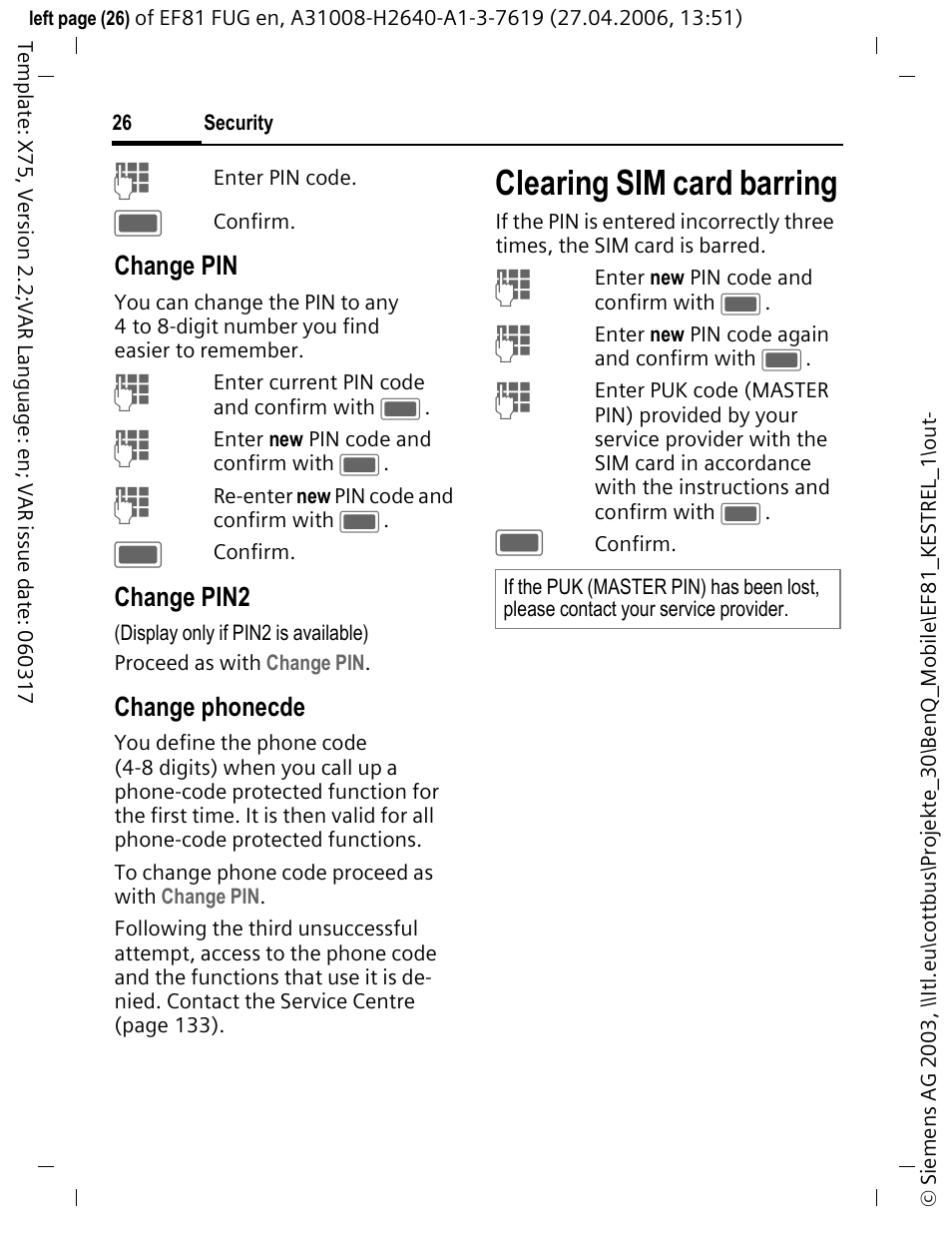 Clearing sim card barring | BenQ-Siemens M81 User Manual | Page 27 / 155