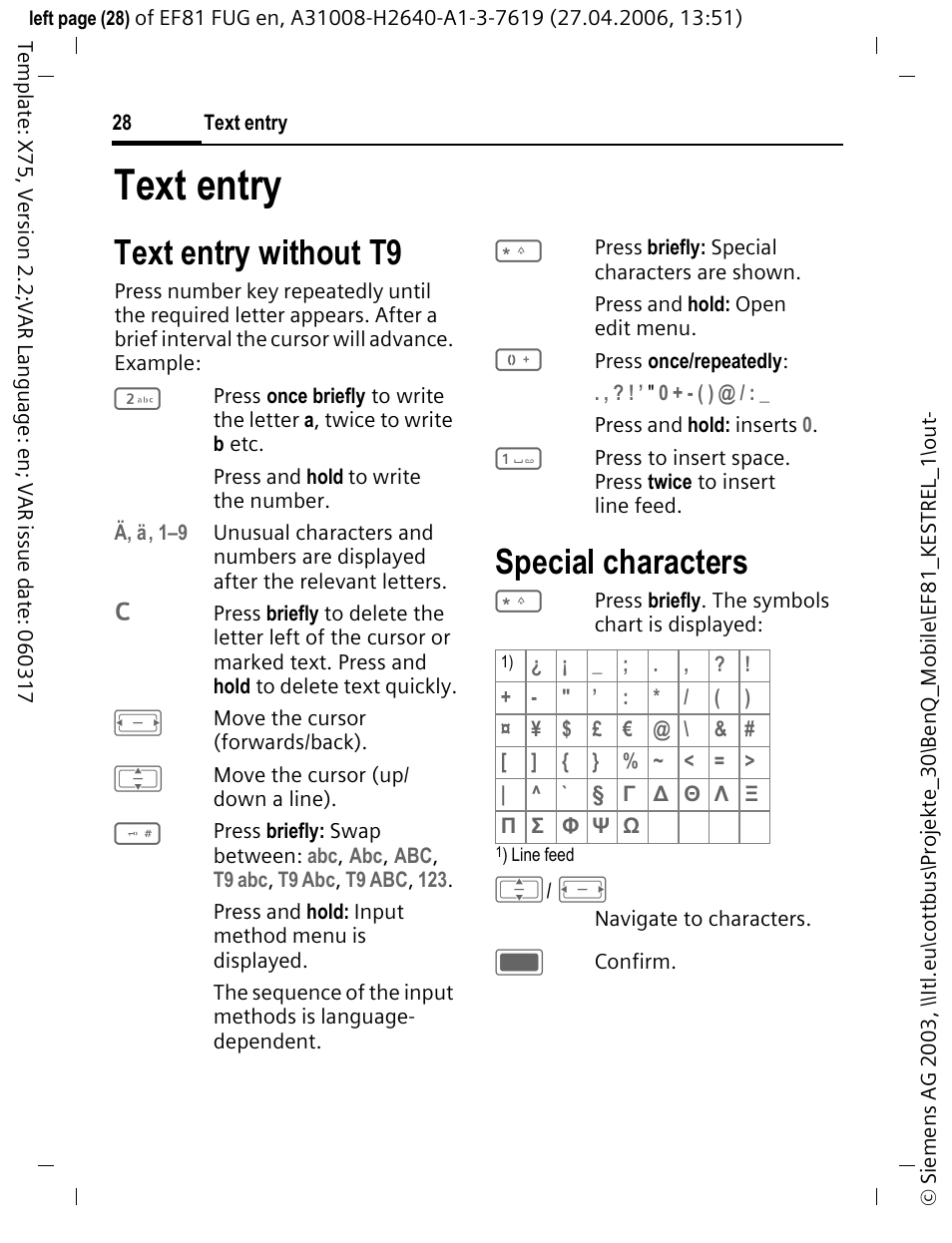 Text entry, Text entry without t9, Special characters | BenQ-Siemens M81 User Manual | Page 29 / 155