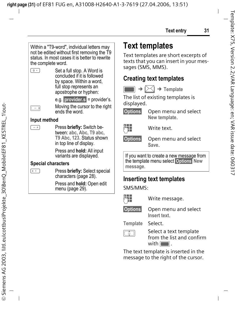 Text templates, Creating text templates, Inserting text templates | BenQ-Siemens M81 User Manual | Page 32 / 155