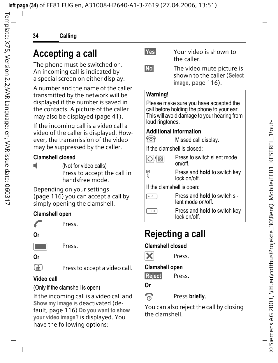 Accepting a call, Rejecting a call | BenQ-Siemens M81 User Manual | Page 35 / 155