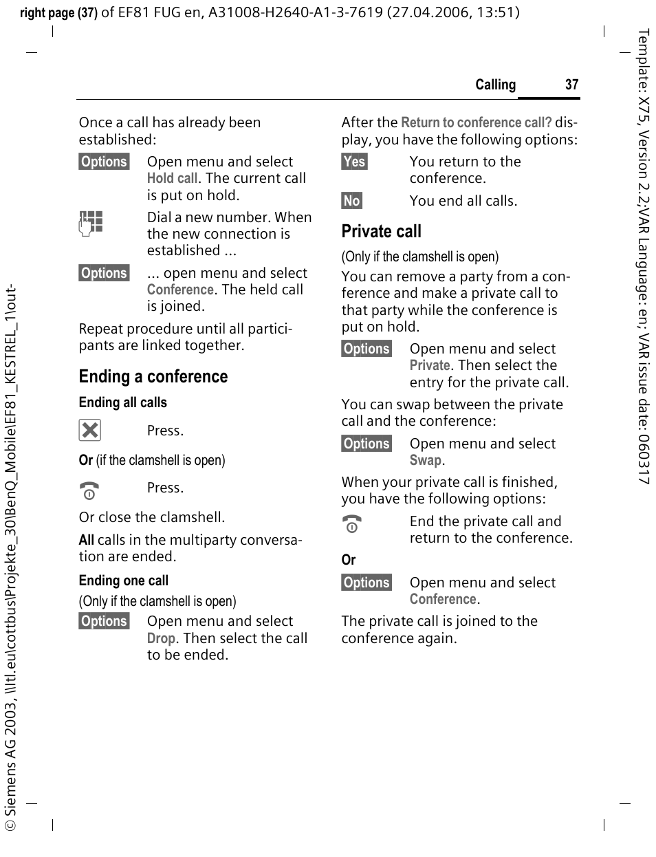 Ending a conference, Private call | BenQ-Siemens M81 User Manual | Page 38 / 155