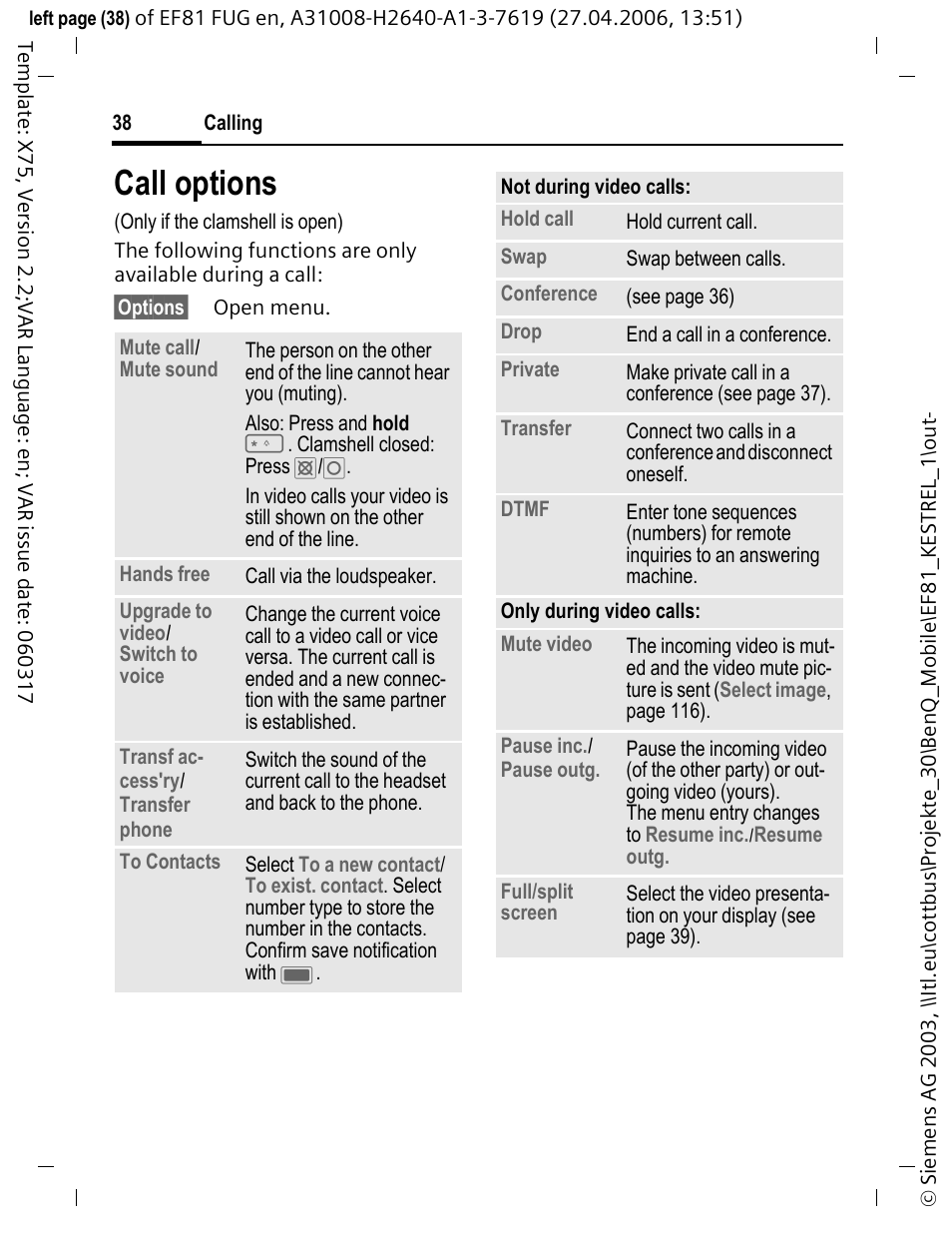 Call options | BenQ-Siemens M81 User Manual | Page 39 / 155